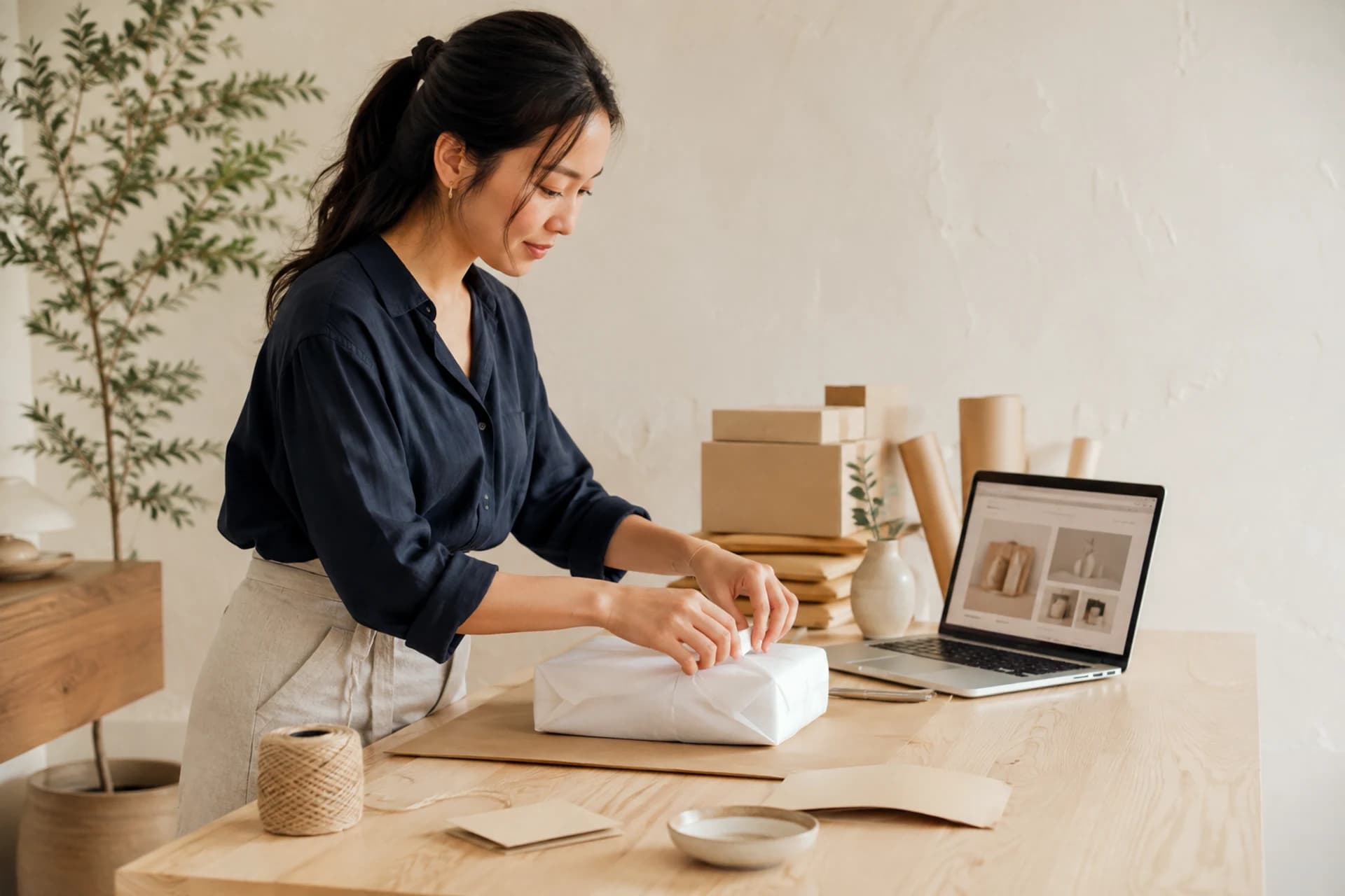 A business owner carefully preparing an online order at her workspace
